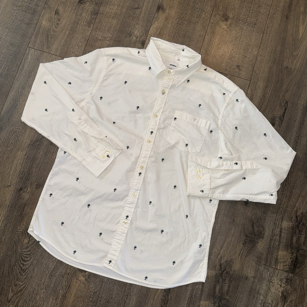 Sonoma Men's L Button Down Cotton Shirt Palm Tree Island Resort Outdoor White - Picture 4 of 11